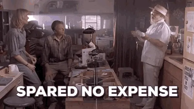 John Hammond assures Alan Grant and Ellie Sattler that he 'spared no expense.'